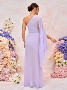 SHEIN Belle 优雅、浪漫、端庄、春夏、紫色、雪纺面料、不对称肩部设计、褶皱、飘逸袖、A字裙摆、半透明、婚礼宾客礼服、度假礼服、伴娘礼服 - 紫色 - 查看 2