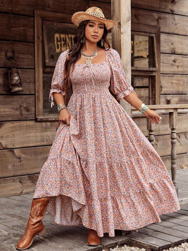 Franclia Plus Size Women's Boho Vintage Square Neck Romantic Ditsy Floral Layered Dress, For Holiday