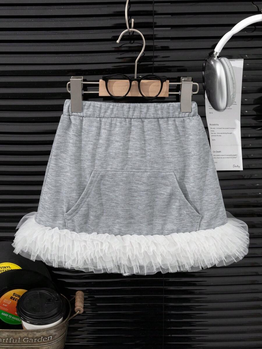 Young Girls' A-Line Ruffled Skirt, Fashion Gray Knitted Pocket Mini Skirt