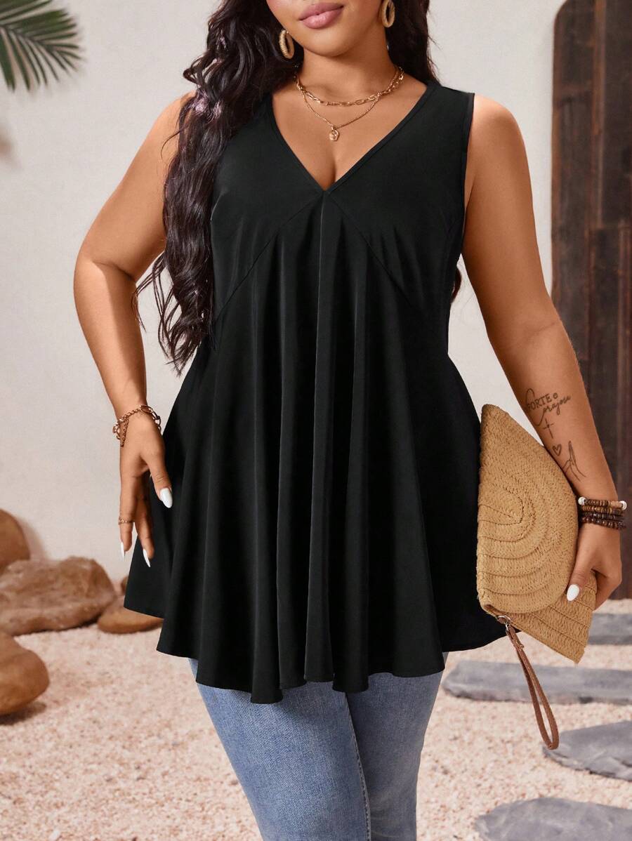 SHEIN LUNE Women's Summer Solid Color Vacation Bohemian Style Sleeveless Top