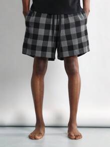 SUMWON Cozy Buffalo Check Loungewear Matching Set Henley Short Sleeve Top Drawstring Shorts Pajama Set For Home Indoor Relaxation Winter Fall - Black - View 4