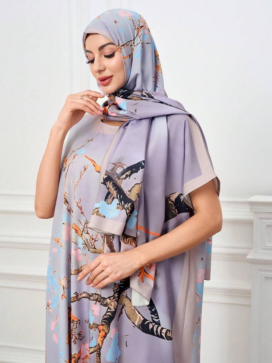 Al Najma Damen Fledermausärmel elegantes Blumenprint Arabischer Stil Kleid Damen Abendkleid Damen Maxikleider Damen Sommerkleider Damen Blumenkleid Damen Kleider in Große Größen - Grauviolett - Übersicht 1