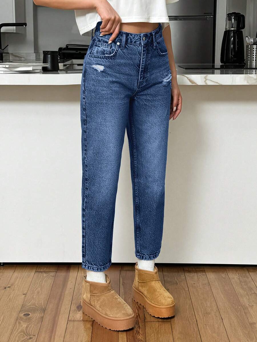 EURMUSE 100% Cotton HIGH RISE MOM CUT RIPPED WOMEN JEAN - Dark Wash - View 1