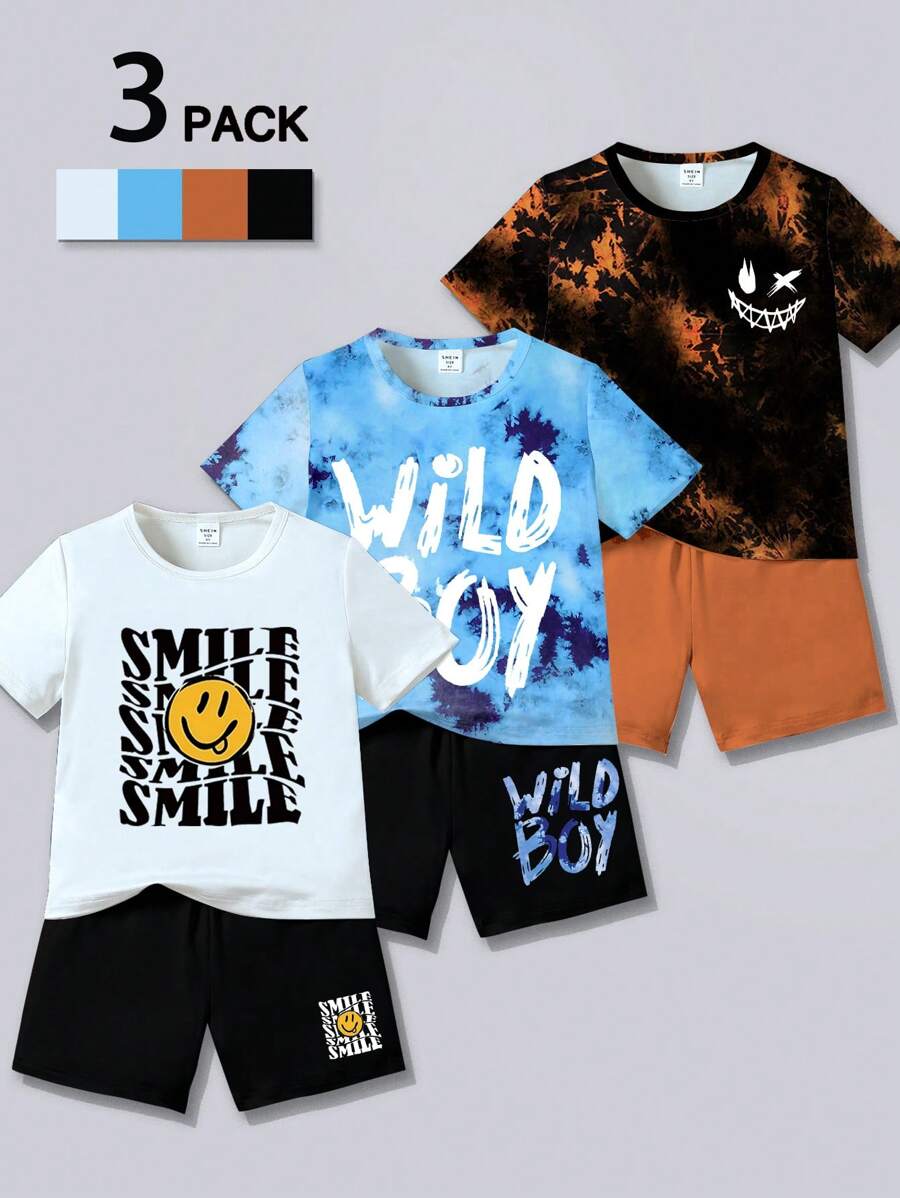 SHEIN 6件套男童夏季休闲笑脸、字母印花和扎染图案圆领上衣和短裤套装
