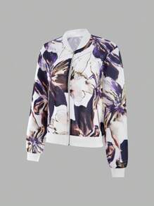 SHEIN LUNE Giacca casual da baseball con stampa floreale, manica lunga e chiusura lampo davanti per donna