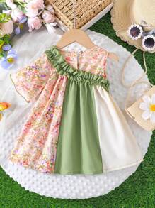 Baby Girl Summer Cute Ruffle Asymmetrical Top & Mixed Ditsy Floral Patch Dress, Comfortable Outdoor Outfit, For Spring