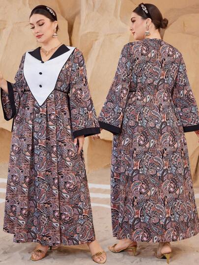 Al Najma Đầm dài phong cách Ả Rập cổ chữ V rộng rãi, giản dị cho nữ cỡ lớn có viền tương phản, cổ tay loe và dây buộc eo