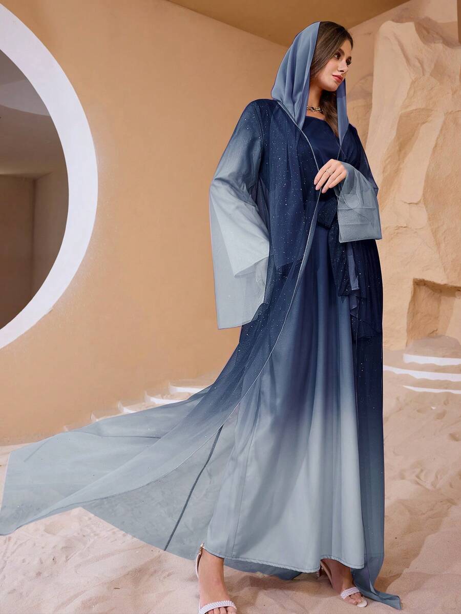 Al Najma 2 件套女士优雅渐变扎染网眼闪亮图案套装 - 藏蓝色 - 查看 1