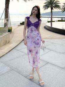 DAZY 新款春季女式长款印花连衣裙，采用色块和花卉图案，适合初次约会婚礼女装 - 紫色 - 查看 7