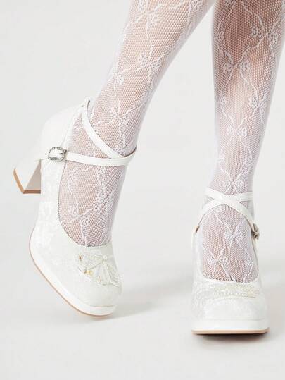 Zapatos de tacón alto para mujer blancos, de puntera cerrada, con plataforma impermeable, tacón grueso, sexy correa de perlas, zapatos de vestir de tacón bajo para trabajo formal