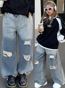 Denimly Girls Casual Simple Fashion College Style Jeans, Elastic Waist Relaxed Fit Ombre Washed Straight Leg Denim Pants