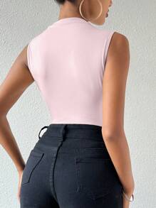 Zolique Plain Stand Collar Bodysuit With Ruching And Sleeveless, Elegant - Pink - View 2