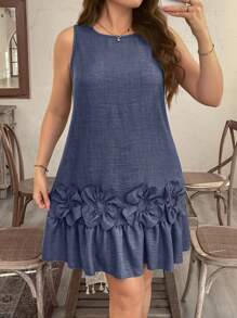 SHEIN LUNE Vestido de tubo con diseño floral 3D, dobladillo con volantes y sin mangas para tallas grandes - azul real - Ver 4