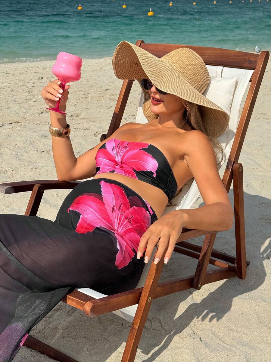 SHEIN 3pcs Large Floral Pattern Maternity Bikini Swimwear Set, Elegant Vacation - Multicolor - View 1