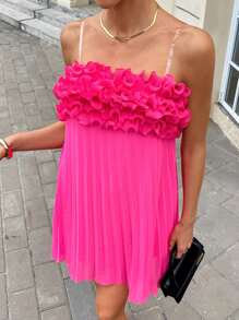 SHEIN Essnce Summer Dresses For Women 2025: Elegant 3D Ruffle Trim Strapless Mini Dress With Pleated Hem, Hot Pink Casual Beachwear & Textured Camisole - Hot Pink - View 2