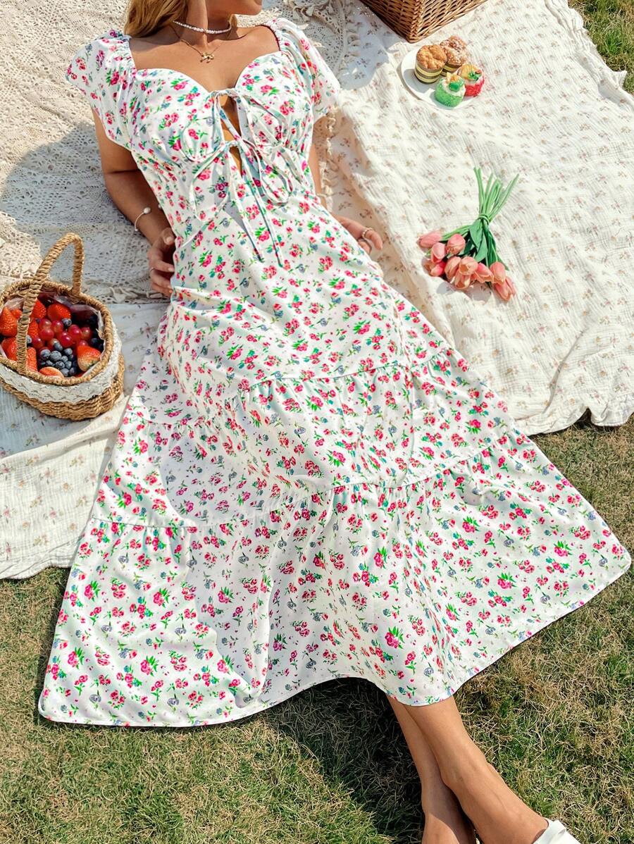 Flirla Plus Size Women Fashion Elegant Sexy Off Shoulder Ruched Waist A-Line Midi Dress, Spring/Summer