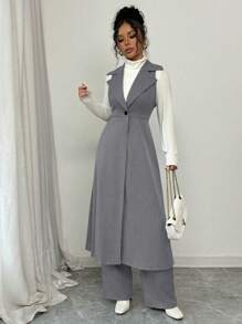 Elenzga 2pcs Elegant Commuting Sleeveless Long Lapel Waist Gathered A-Line Jacket And Pants Set - Light Grey - View 3