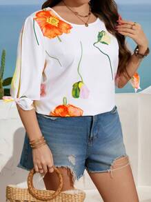 SHEIN LUNE Plus Size Women's Round Neck Open Shoulder Tie Knot Print Blouse - White - View 4