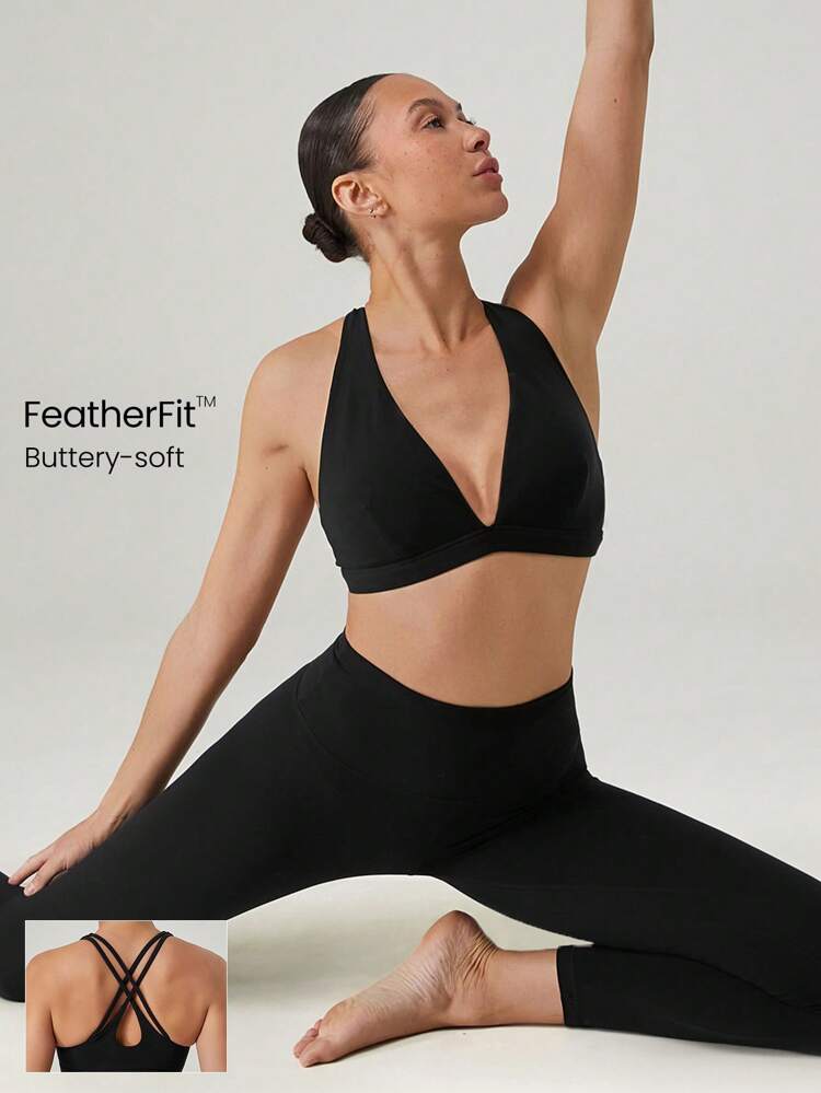 FeatherFit™ Deep V-Neck Wide Strap Cutout Back Bra Low Impact Yoga Pilates Studio Daily Casual Wear Removable Cups