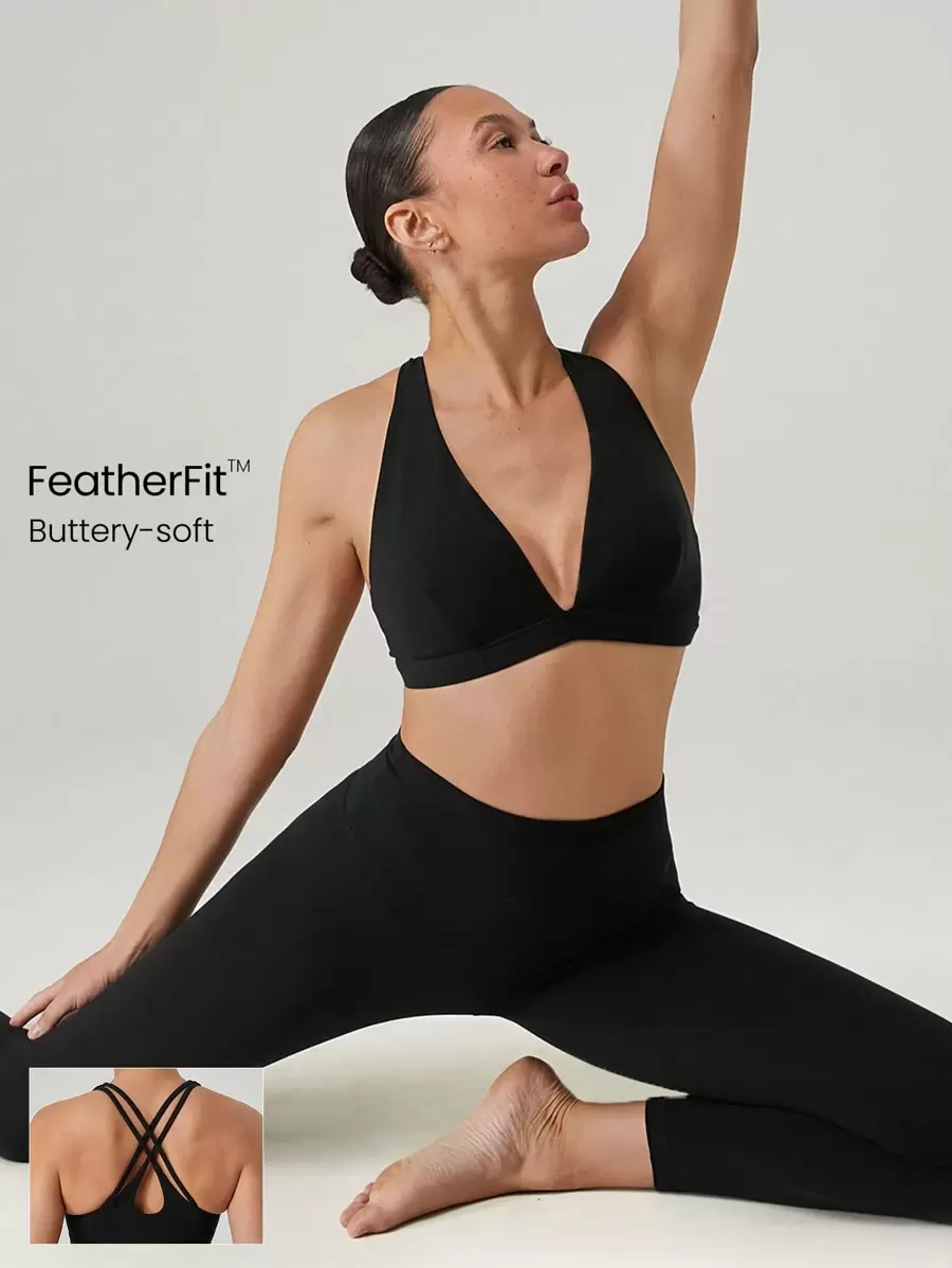 GLOWMODE Áo ngực hở lưng cổ chữ V sâu FeatherFit™, dây đeo rộng, tác động thấp, tập yoga, pilates, mặc thường ngày, có thể tháo rời cúp ngực - màu đen - Xem 1
