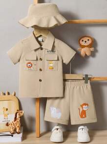 Baby Boy Cute Animal Print Outfit With Cap, Casual Cargo Style Short Sleeve Shirt And Shorts Set, Suitable For Everyday Wear, Outdoor Play, Party, Vacation, Spring/Summer