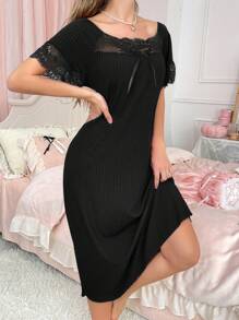 Women's Elegant Solid Color Lace Patchwork Loose Nightgown - Black - View 3