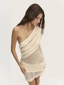 SHEIN Unity 女式不对称迷你连衣裙长袖流苏牛仔装 - 米色 - 查看 4