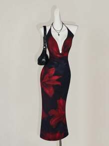 SHEIN ICON Elegant Sexy Floral Print Deep V Neck Backless Dress - Multicolor - View 14