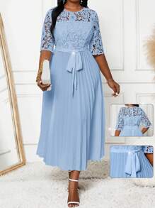 Fleurora Plus Size Holiday Casual Solid Color Lace Splice Empire Waist Pleated Hem Summer Dress Fall Women Clothes Fall Women Dresses Valentine Day Valentines Clothes Valentine Day Dress Valentines Dress Festival Outfits For Women Valentine Day Outfit Women