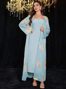 Modelyn 2pcs Set: Embroidered Sequins Decor Solid Color Elegant Romantic Sheer Long Sleeve Dress - Baby Blue - View 4