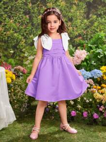 Young Girl Woven Solid Color Dress With 3D Bow Detailing - Mauve Purple - View 3