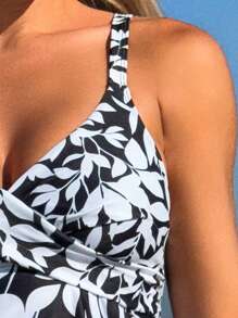 Swim Lushoire Spring/Summer Beach Seaside Mature Spaghetti Strap Printed Bikini 2 Pieces Set - Black and White - View 4