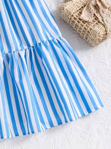 SHEIN Tween Girls Simple Style Navy & White Stripe V-Neck Suspender Flared Dress, Beach Wear Suitable For Summer - Blue and White - View 4