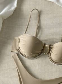 Swim Basics 纯色细肩带钢圈上衣和比基尼下装女式夏季泳装套装 - 卡其色 - 查看 5