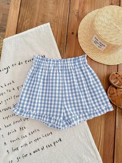 SHEIN LMoss Kids Babygirl 夏季可爱百搭蓝白格子松紧腰短裤