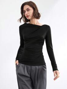 BizChic 2025 夏季新款不对称镂空不对称肩部褶皱长袖女衬衫，适合商务、休闲、日常、海滩、婚礼嘉宾、音乐节、早午餐、机场等场合 - 黑色 - 查看 5