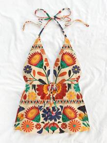 Soleia Women's Colorful Geometric Print Crisscross Back Beach Halter Tank Top, Casual Holiday Vibe, Suitable For Summer