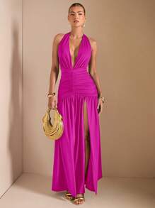 SHEIN BAE 优雅简约纯色咖啡色、棕色、卡其色深 V 领露背高开叉连衣裙，性感别致，适合派对、鸡尾酒会、婚礼宾客礼服、夜间外出 - 玫紅色 - 查看 5