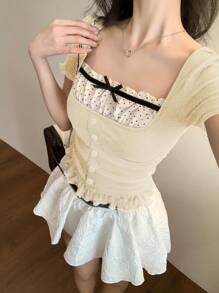 DAZY 女士休闲拼色蝴蝶结短袖 T 恤 - 杏色 - 查看 3