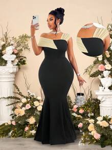 SOLERSUN 加大码不对称领口拼色修身优雅无袖连衣裙长款女装