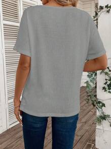 SHEIN LUNE Camiseta de manga corta de mujer de unicolor con escote en V, de estilo simple y apto para el verano