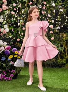SHEIN Leap Crew Tween Girls' Elegant Asymmetrical Double Layer Ruffle Sleeve Removable Belt Dress - Dusty Pink - View 3