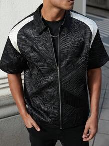 Manfinity Homme 男士时尚拉链拼色衬衫 - 黑色 - 查看 3