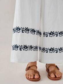 Florisole Conjunto de 2 piezas para mujer: pantalón recto holgado de vacaciones con cuello en V elegante y estampado de bordado floral