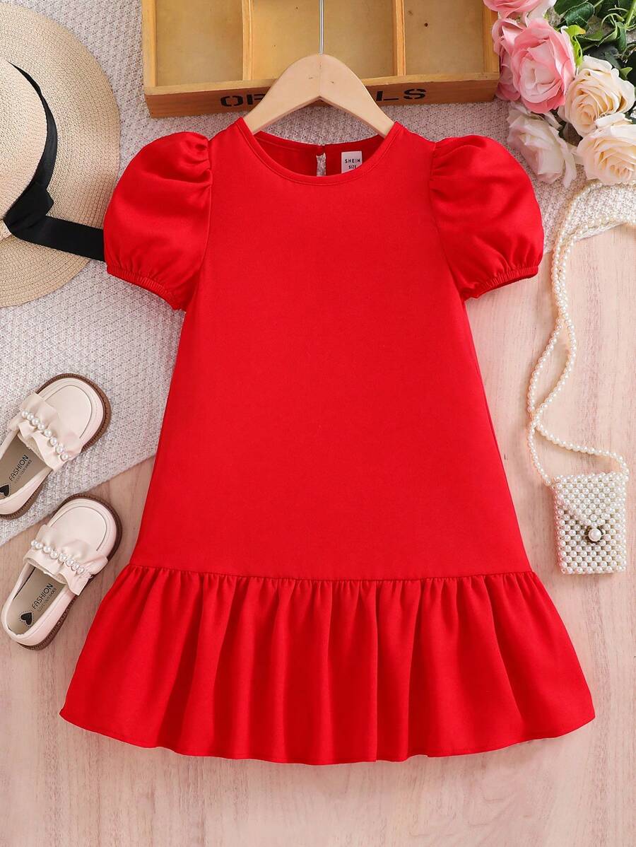 SHEIN Young Girl Woven Solid Color Round Neck Puff Sleeve Fitted Dress - Red - View 1