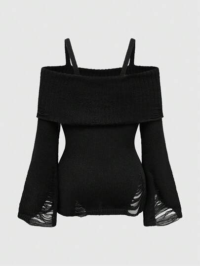 Goth Top de punto acanalado ajustado con diseño desgastado y hombros descubiertos, estilo punk, para Halloween, tallas grandes para mujer