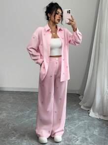 Chiquease Set de 2 piezas con estampado de mariposas en color rosa para mujer, apto para salida casual, fiesta o regreso a la escuela - Rosa - Ver 7