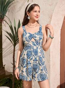 SHEIN Teen Girl Sleeveless Jumpsuit, Bohemian Style Jumpsuit For Summer Vacation, Hollow Out Print & Thick Straps, Boho Style, Summer Holiday,Holiday,Summer,Travel