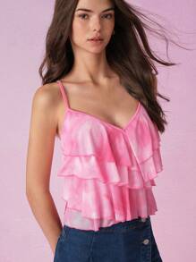 SHEIN MOD Layered Ruffled Pink And White Floral Lace-Up Tank Top,Boho Summer Vacation Holiday Party,Country Western Beach Easter Music Festival Top - Pink - View 6