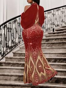 Fleurora 秋冬优雅派对婚礼酒会演唱会/音乐节彩色针织立领美人鱼撞色网眼长款无袖大码连衣裙，情人节 - 紅色 - 查看 2